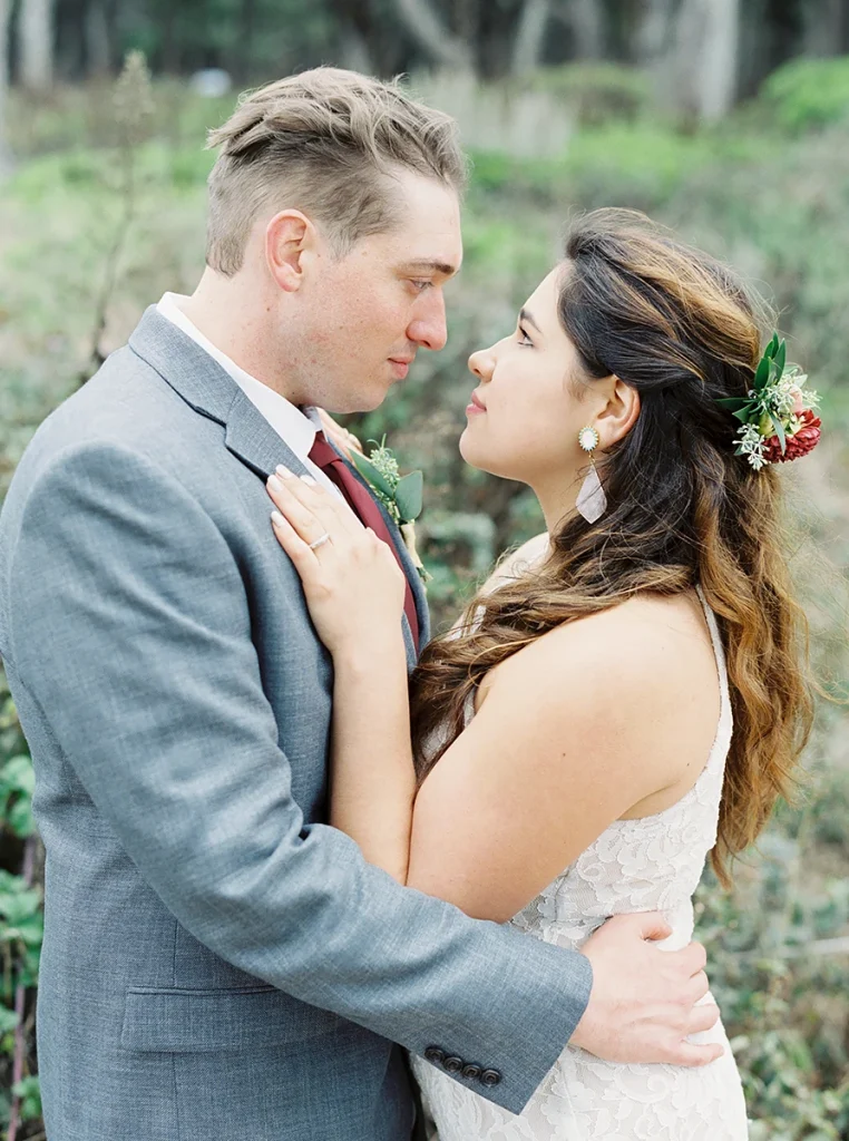Bride and groom embrace