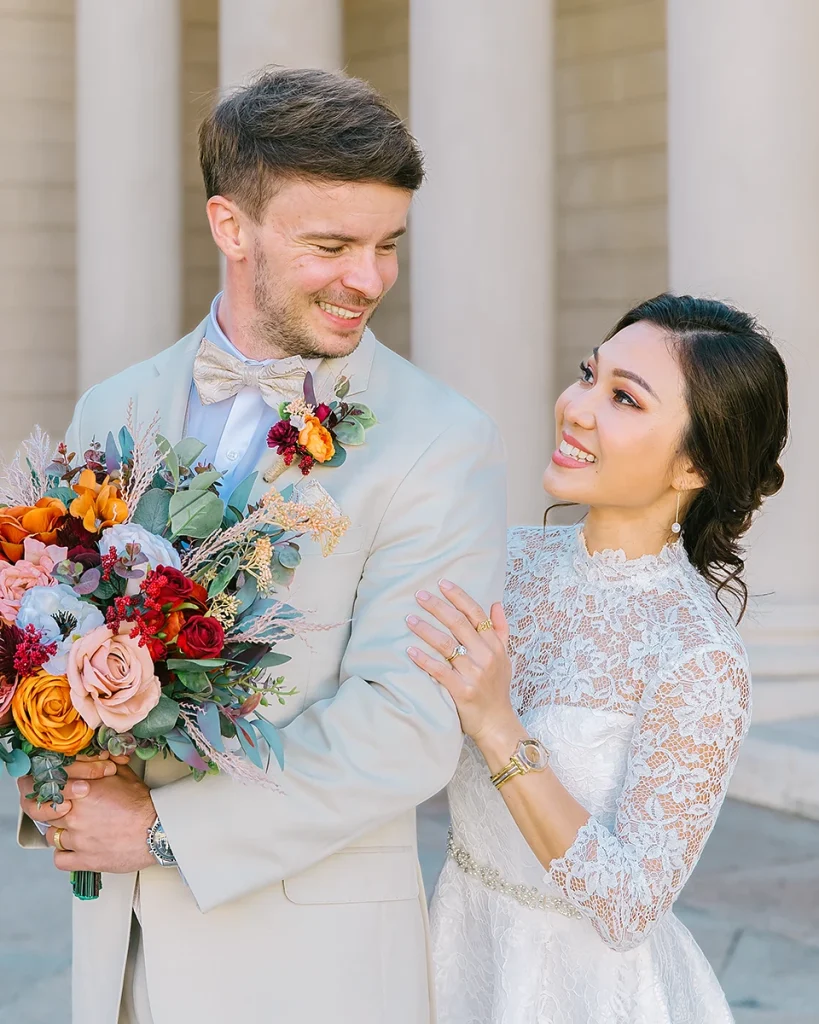 Closeup of couple with bride standing behind groom