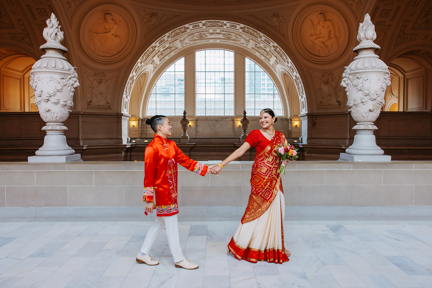 Multicultural LGBTQ queer couple at their San Francisco City Hall wedding