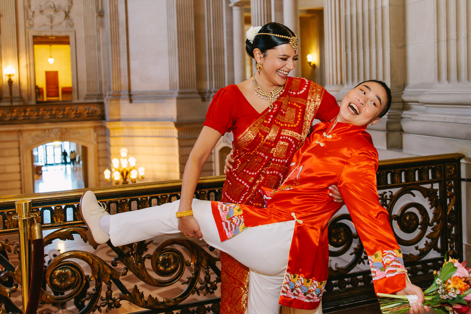 Couple jokes around before their wedding ceremony
