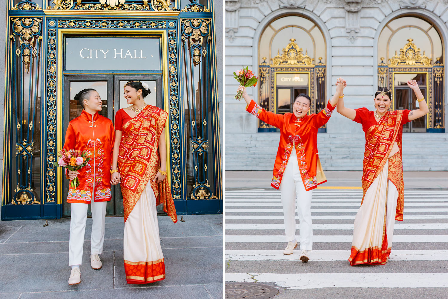 LGBTQ queer couple dressed in red attire celebrate at their San Francisco City Hall wedding