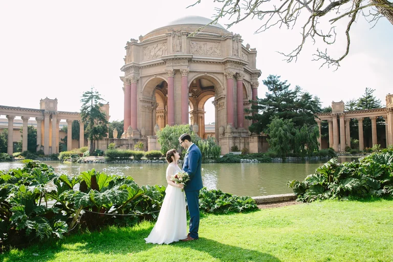 Bride and groom at their Palace of Fine Arts SF wedding