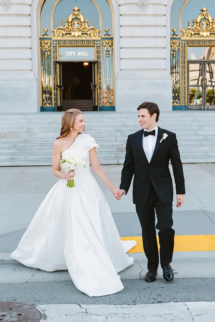 Bride and groom walking together