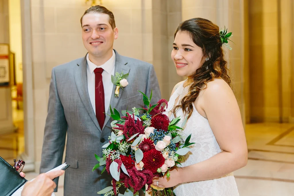 Couple smile after getting married