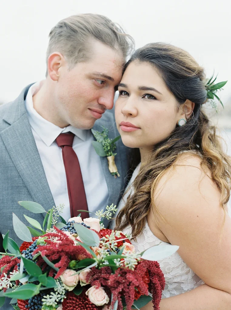 Bride and groom embrace