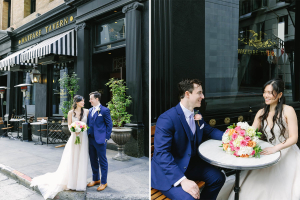 Left photo is couple standing in front of Wayfare Tavern and right photo is couple sitting at table